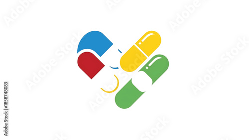 Abstract vibrant medical capsules forming a heart shape on a clean white background, symbolizing health