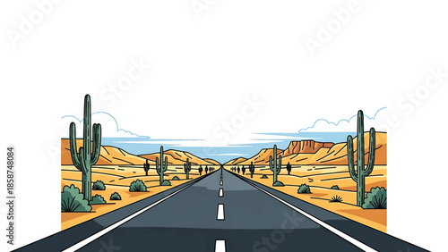 An illustrated desert road stretches into the distance, flanked by saguaro cacti and desert hills under blue sky