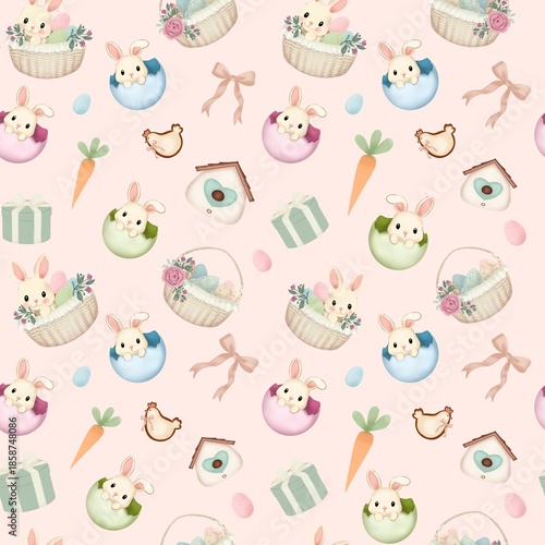 Seamless Easter pattern with cute bunnies hatching from pastel eggs, baskets with flowers, carrots, gifts, bows and chickens. Soft spring palette, nursery style, perfect for kids decor and fabrics.