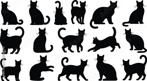 Black cat silhouettes, feline poses, sitting cats, walking cats, stretching cats, vector art, whiskers, tail positions, animal design, minimal style