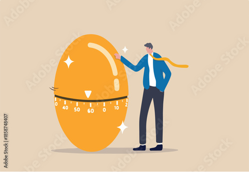 Retirement pension fund, IRA, 401K, Roth or ISA account in UK, investment for money to use after retirement concept, businessman standing with countdown timer golden egg move approaching retired age