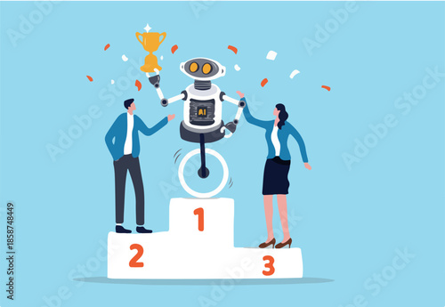 Robot Artificial intelligence winning, working together with AI, innovation to help success, AI to replace people in office work, AI robot winning holding champion trophy with human competition.