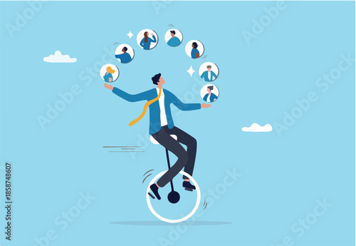 Talent or employee management, HR human resources to control staff, worker or discover new recruitment candidate concept professional businessman manager juggling employees to choose winner candidate.