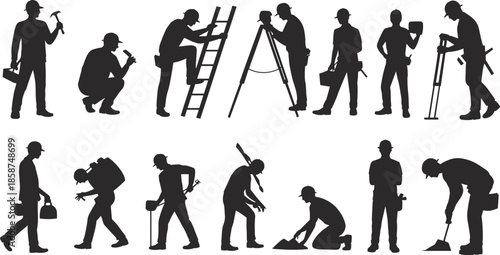 Construction worker silhouettes, job roles, tools, safety gear, manual labor, surveying, ladder climbing, vector art, black figures, site tasks