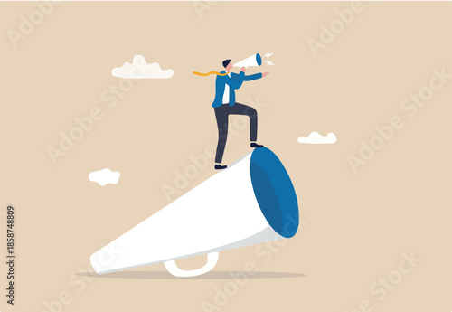 Leader communication, executive management skill to communicate with employee, send important message or announcement concept, businessman leader standing on big megaphone giving speech to public.