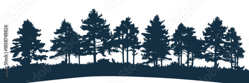 Panoramic navy blue silhouette of pine forest with varied tree shapes and minimalist flat vector style design on white background
