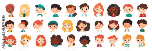 Diverse cartoon children faces avatars set with various hairstyles expressions and accessories flat minimalist vector illustration kindergarten boys and girls