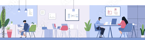 modern coworking office interior with people working on laptops at desks in spacious open plan minimal workspace design vector illustration