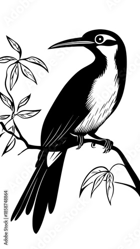 Black and white vector illustration of a bird perched on a leafy branch minimalist stencil style nature wildlife design detailed feathers and sharp beak silhouette