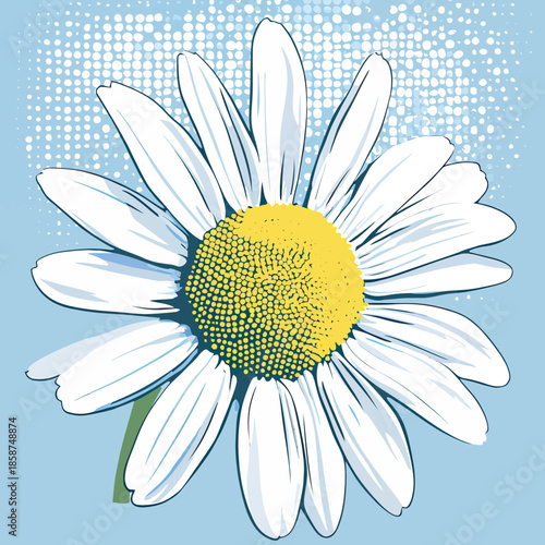 White daisy flower with yellow center in halftone vintage dotted texture on blue background minimalist vector illustration for nature and botanical design