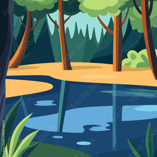 Minimalist flat vector illustration of tranquil forest with tall trees and reflective water pond amid dense greenery landscape scene in nature