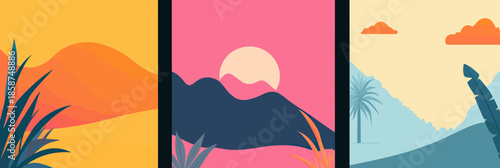Minimalist abstract landscape triptych with colorful sunset mountains and tropical plants flat vector design background template for web banners and social media posts