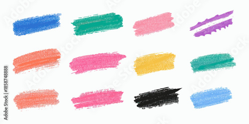 Colorful crayon brush stroke swatches set with textured pastel chalk highlights on white background for creative design accents and artistic decoration elements