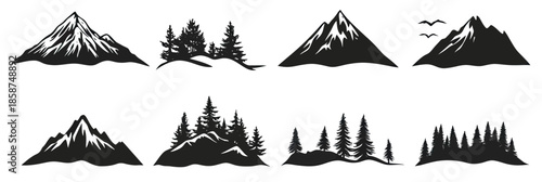 Set of black mountain silhouettes with pine trees and birds in minimalist flat vector style showcasing outdoor nature and wilderness landscape elements