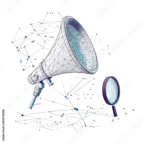 Low poly wireframe megaphone and magnifying glass connected by abstract network mesh representing marketing research analysis and promotional communication concept