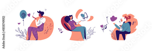 Flat minimalist vector illustration of diverse people engaging in mental health therapy sessions with symbolic elements of wellbeing and emotional support