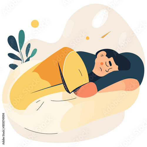 Flat minimalist vector illustration of woman sleeping resting sideways with closed eyes and pillow in calm relaxed pose with abstract background and plant elements expressing fatigue and rest concept
