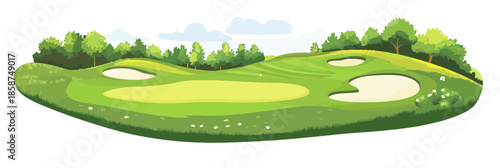 Isolated golf course green with sand bunkers surrounded by trees and bushes minimalist vector illustration of outdoor leisure sport landscape