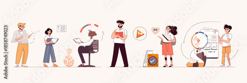 Team analyzing data charts brainstorming marketing strategy digital performance optimization flat cartoon vector illustration