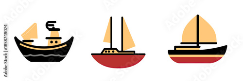 Set of three flat minimalist boat icons including fishing boat with smoke chimney, sailboat with two sails and modern single sail yacht in red and beige colors