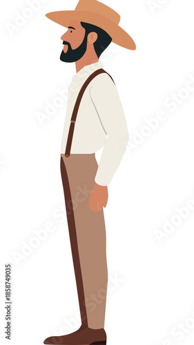 Profile of man wearing wide brim hat, beard, white long sleeve shirt, brown suspenders and pants, flat minimalist vector illustration of rural farmer or cowboy character standing sideways