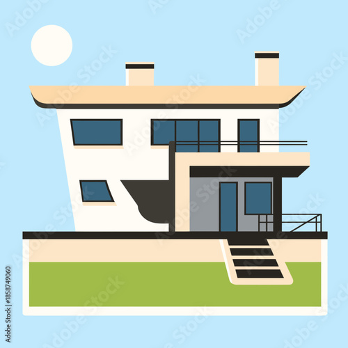 Modern minimalist two story house with flat roof balcony large windows chimney staircase front yard simple geometric design vector illustration bright day sky