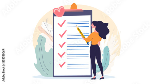 Woman holding pencil checking off large checklist clipboard with heart icon flat minimalist vector illustration for planning and organization concept