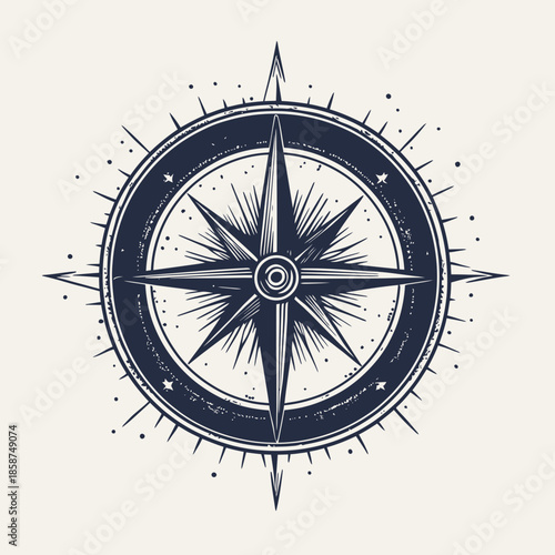 Vintage compass rose with nautical star points and detailed engraving style vector illustration for navigation and travel design concept
