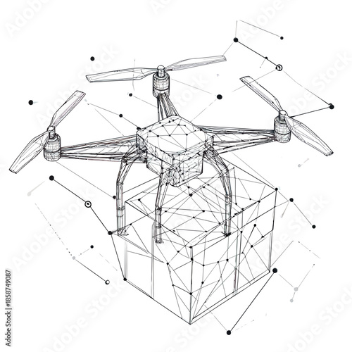 Digital wireframe 3d quadcopter drone carrying parcel package polygonal mesh connected dots delivery technology concept illustration