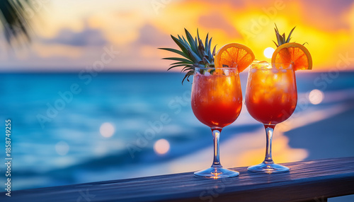 Two colorful cocktails sit on yacht deck railing at sunset over ocean water. Couple enjoys tropical drinks watching golden twilight sky,
