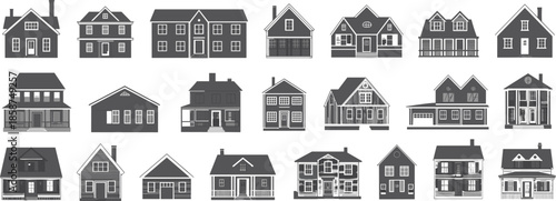 House illustrations, architectural styles, residential design, colonial, modern, cottage, Victorian, vector art, roof shapes, porches, windows, chimneys, buildings