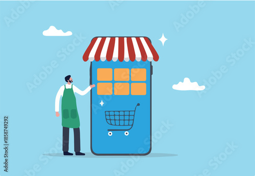 Online shop or e-commerce store, small business owner or entrepreneur shopkeeper, mobile website or app to purchasing product, retail digital shelf concept, young shopkeeper with online mobile store