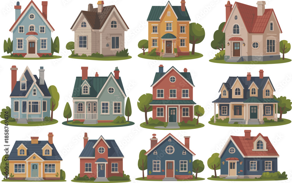 Naklejka premium Illustrated houses, residential styles, colorful homes, architectural diversity, suburban design, vector art, landscaping, porches, chimneys, dormer windows, trees