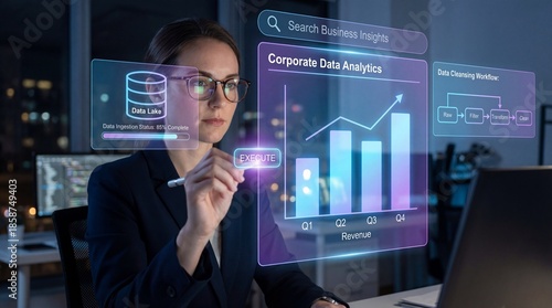 A photograph of an analyst interacting with a holographic dashboard. The analyst's hand, holding a stylus, is touching a virtual button on a floating screen. 