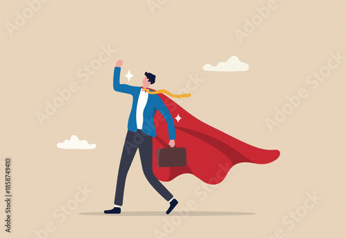 Confidence businessman success or leadership concept, superhero or strong, strength to win or get job done, outstanding employee or best worker, courage and determination.