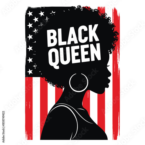 Black Queen Afro Woman Silhouette with American Flag Background