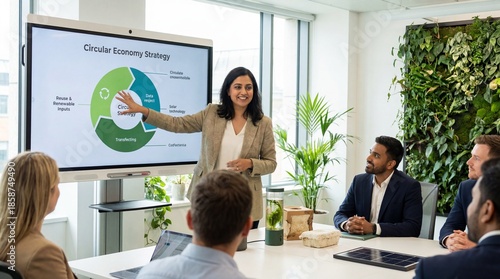 A professional photo of a corporate sustainability officer leading a presentation. 