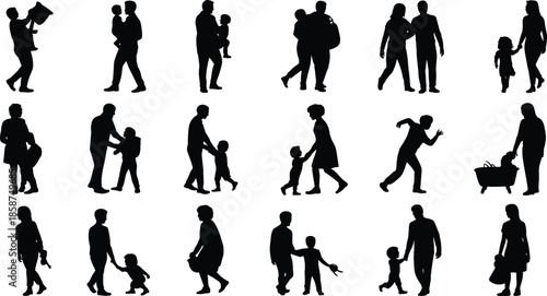 Parent child silhouettes, family bonding, caregiving moments, walking together, playing kids, emotional connection, black figures, vector art, love, support