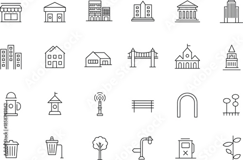 Urban icons, city elements, architecture, infrastructure, public utilities, buildings, bridges, trees, vector line art, black and white graphics
