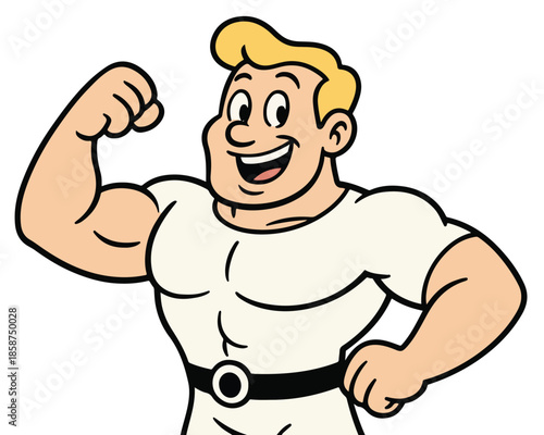 Muscular cartoon illustration of a strong athlete man with arms crossed in a gym vector design featuring a smiling comic character fighter