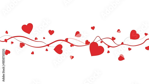 A romantic horizontal graphic of numerous red hearts and swirling lines on a clean white background