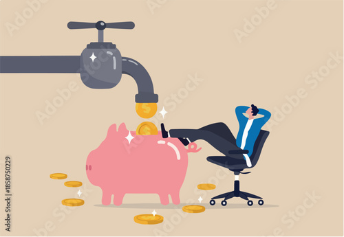 Passive income to reach financial freedom, earning money while you sleep or wealth increase without salary concept, relax businessman sit on the chair to see money faucet flow into savings piggybank.
