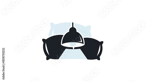 A simple graphic featuring two dark pillows with a light blue outline and a black pendant light above