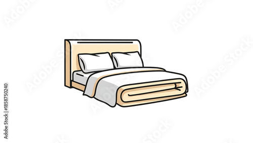 A simple, flat design illustration of a cozy bed with a headboard, two pillows, and a folded duvet