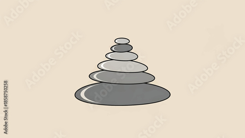 A stack of seven smooth, grey, oval-shaped stones, balanced vertically on a light beige background