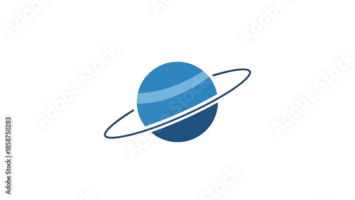 A stylized blue planet with rings, featuring different shades of blue, on a clean white background