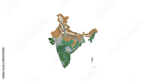 A stylized geographical map of India depicting mountains, plains, rivers, and coastal regions with distinct colors