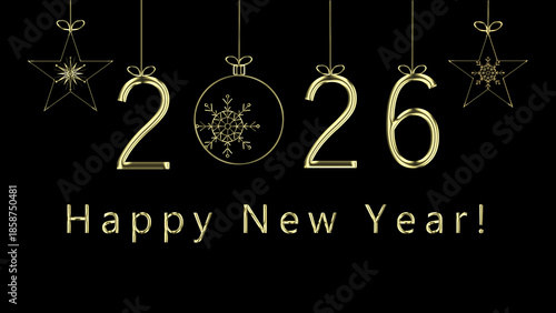New Years's Ornaments 2026. New Year's greetings card with gold ornaments and text on black background.
