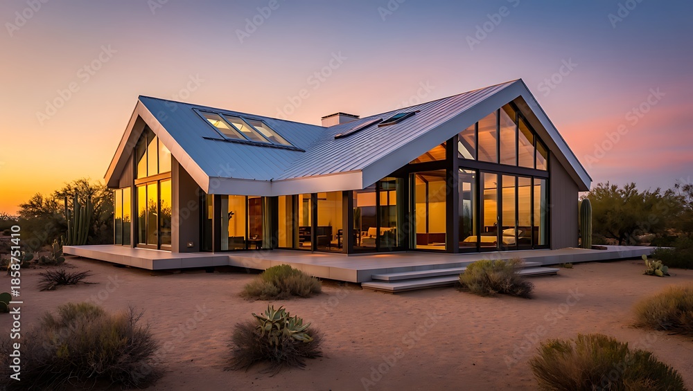 Obraz premium Modern architectural masterpiece with expansive glass facades overlooking a lush green garden.