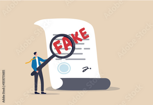 Fake document, wrong information verification or fake news inspection, fraud and illegal reports concept, smart businessman inspector using magnifying glass to verify fake document